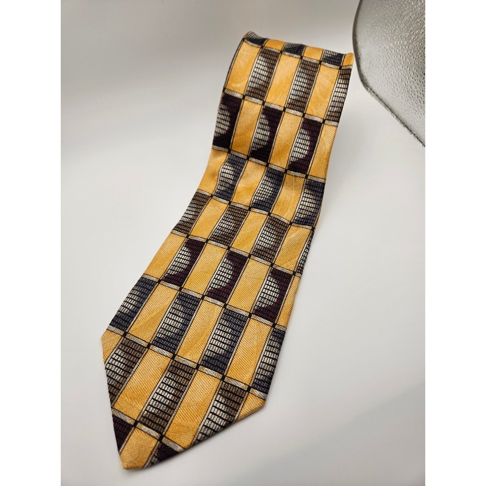 Robert Talbott Studio Nordstrom Mens‎ Silk Tie Gold Burgundy Geometric Grid USA